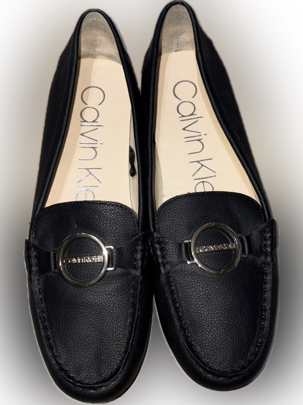 NWOT Calvin Klein Black Leather Slip-On Loafers with Silver Logo Accent